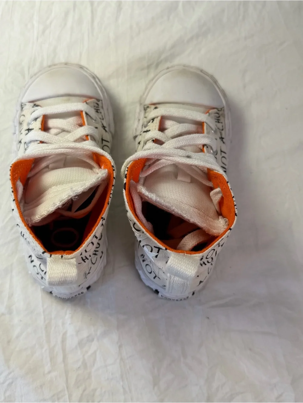 Converse High-Top Toddler sz 8 White & Orange Sneakers - 'Not a Chuck' Graphic